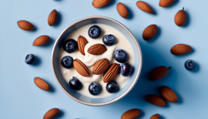 From above close up of yogurt with berries, oats and nuts on blue background, minimal composition