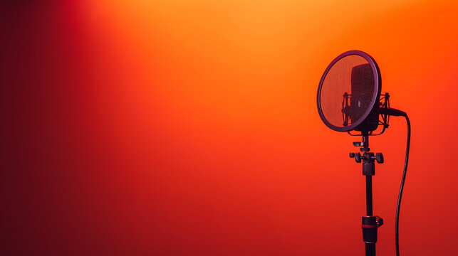 Black silhouette of a podcast studio on a plain background. Red-orange background