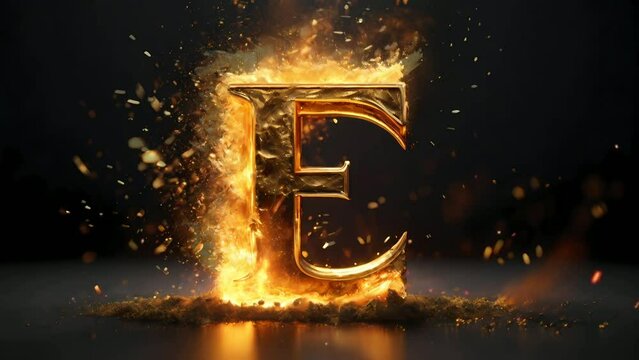 Letter E golden 3d on fire video animation, seamless looping video background animation	