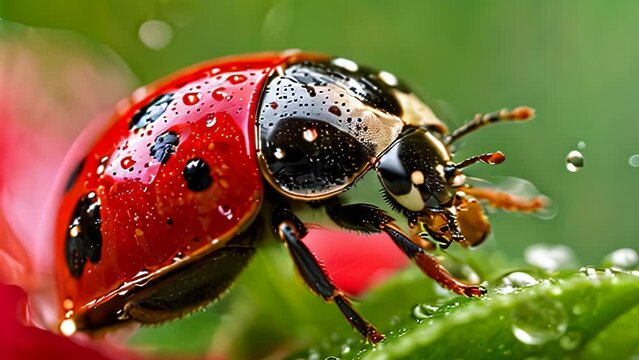 Video animation of close-up image capturing a ladybug with dew drops on its red and black spotted shell, walking on a green leaf