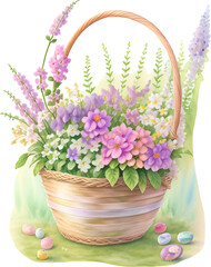 Fototapeta na wymiar Watercolor Painting Style Rustic Basket of Wildflowers in Spring Colors 