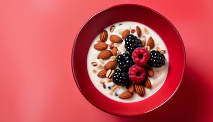 From above close up of yogurt with berries, oats and nuts on red background, minimal composition