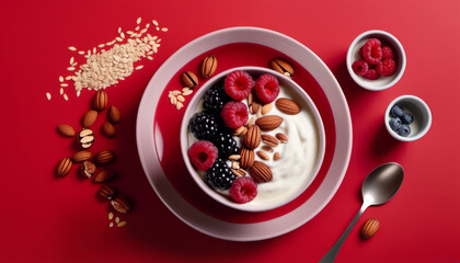 From above close up of yogurt with berries, oats and nuts on red background, minimal composition