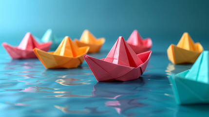 Colorful origami ships. Paper boat floating, paper art style and creative ideas.