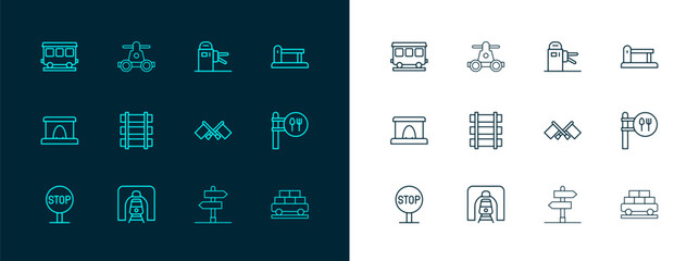 Set line Railway barrier, Train in railway tunnel, Flag, Road traffic sign, Railway, railroad track, Turnstile, Passenger train cars and Handcar transportation icon. Vector