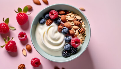 From above close up of yogurt with berries, oats and nuts on pink background, minimal composition