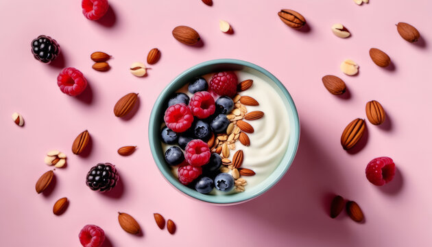 From above close up of yogurt with berries, oats and nuts on pink background, minimal composition