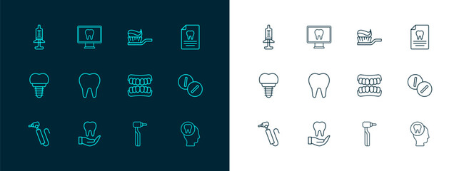 Set line Clipboard with dental card, Tooth, Dentures model, drill, Toothbrush toothpaste, Syringe and Online care icon. Vector