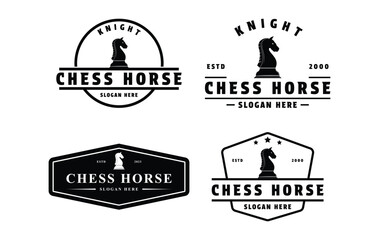 set of chess horse knight piece logo design vintage retro label and badge