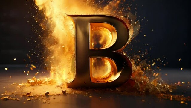 letter B 3d golden on fire video animation, seamless looping video background animation	