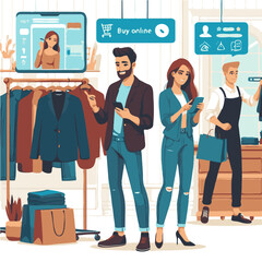 People shopping in clothing store. Men and women with smartphones and bags. Vector illustration.