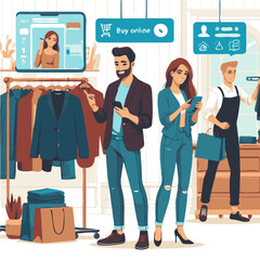 Fototapeta premium People shopping in clothing store. Men and women with smartphones and bags. Vector illustration.