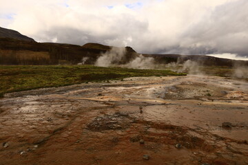 The Geysir geothermal field is a collection of hot springs, a dome and a volcanic cone that make up the remains of an ancient volcano in Iceland.