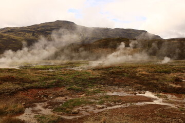 The Geysir geothermal field is a collection of hot springs, a dome and a volcanic cone that make up the remains of an ancient volcano in Iceland.