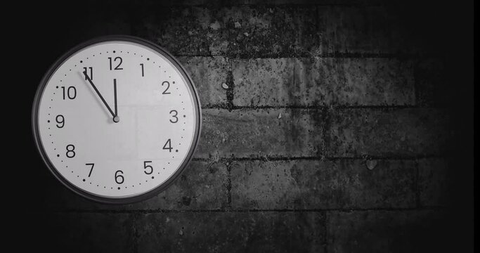 Animation of clock ticking over brick wall background