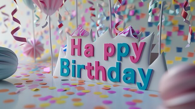 Image of pastel-colored party decorations all arranged in a pattern, with confetti sprinkled around, and 3d "Happy Birthday" in a cheerful, sans-serif font