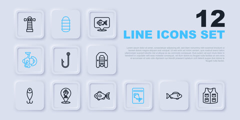 Set line Fish, Fishing jacket, hook, Served fish on plate, Spinning reel for fishing, Location, net and icon. Vector