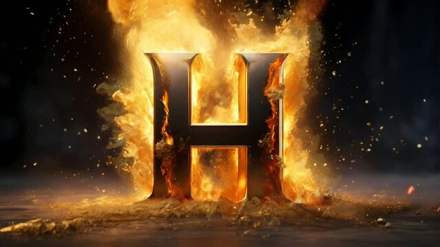 Letter H golden 3d on fire video animation, seamless looping video background animation	