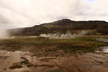 The Geysir geothermal field is a collection of hot springs, a dome and a volcanic cone that make up the remains of an ancient volcano in Iceland.