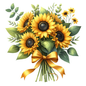 Sunflower buket isolated on a transparent or white background, png	