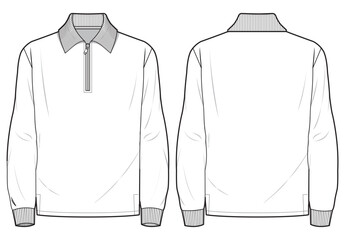 Men's long sleeve polo collar T Shirt flat sketch fashion illustration drawing template mock up with front and back view. Zip up polo t-shirt vector cad drawing © Fathima Flats