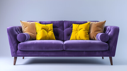 Purple sofa with yellow and beige contrasting pillows on the grey background