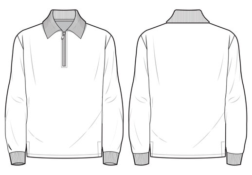 Men's long sleeve polo collar T Shirt flat sketch fashion illustration drawing template mock up with front and back view. Zip up polo t-shirt vector cad drawing