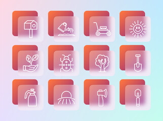 Set line Sun, Sunrise, Tree, Wooden axe, Colorado beetle, Lawn mower, Bird house and Watering can icon. Vector