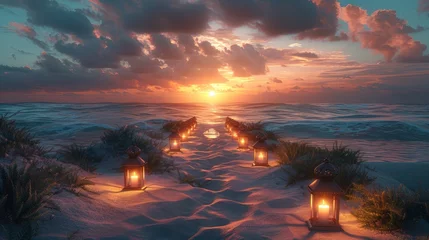 Foto op Canvas a row of ornate lanterns floating on a calm sea, under a breathtaking twilight sky ablaze with crimson and orange hues © Riz