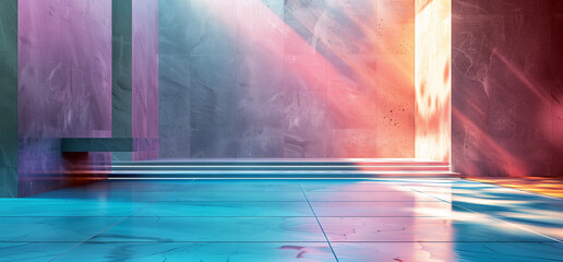 Sunlight casting colorful shadows in empty elegant corridor, Warm light gradient on architectural elements | Generative AI