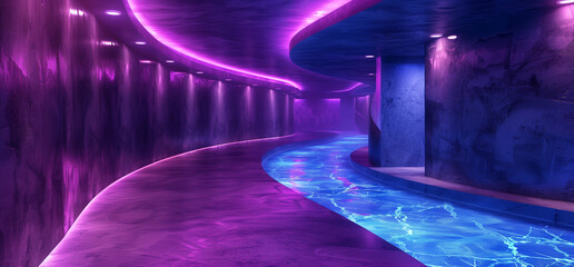 Futuristic moody purple tunnel with glowing neon path, Conceptual architecture with electric blue light | Generative AI