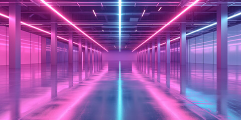 Futuristic room tunnel corridor with neon lights, Pink and blue illuminated sleek metal modern hallway garage | Generative AI