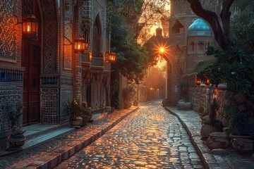 A background of an ancient city at dawn during Ramadan, with the first light of day illuminating...