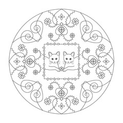 Cat Mandala with Hearts and Flowers. Coloring page. Art therapy.	