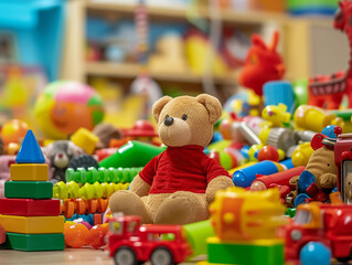 Bear Surrounded by Colorful Toys