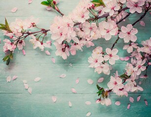Pink cherry blossoms on a turquoise wooden background.