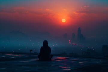 A peaceful morning scene capturing the silhouette of a lone individual performing Fajr prayers on a rooftop, overlooking the awakening city below.