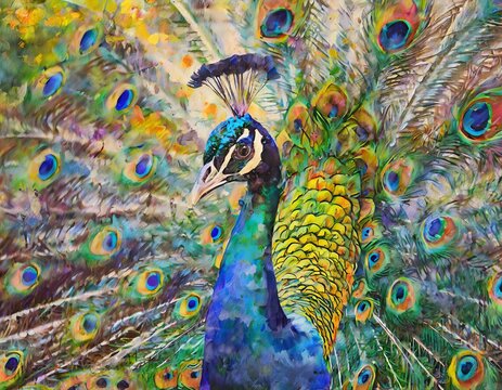 A vivid impressionistic painting depicting a peacock with a colorful tail. Close up
