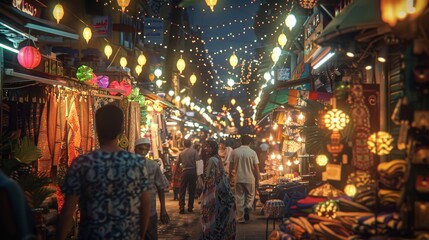 Fototapeta premium Capturing the vibrant twilight ambiance of a traditional Middle Eastern market, with lanterns illuminating the bustling stalls and diverse crowd.