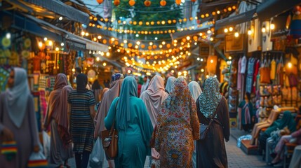 Capturing the vibrant twilight ambiance of a traditional Middle Eastern market, with lanterns illuminating the bustling stalls and diverse crowd.