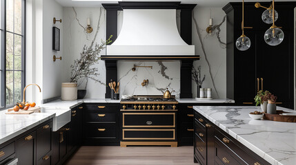 A luxury contemporary kitchen featuring stylish black and white cabinets, golden fixtures, and...