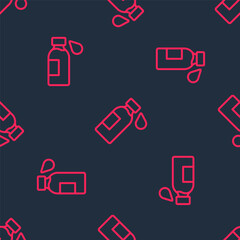 Red line Bottle of water icon isolated seamless pattern on black background. Soda aqua drink sign. Vector
