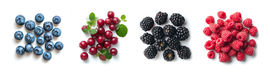 fresh ripe berries on a white background, strawberries raspberries currants blackberries, forest...