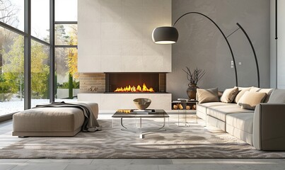 Modern interior design of family room with fireplace, cozy atmosphere - obrazy, fototapety, plakaty