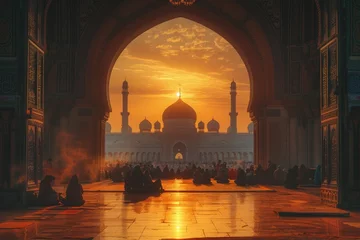 Fotobehang Stunning sunset silhouettes of worshipers at the majestic entrance of a Middle Eastern mosque, reflecting spiritual serenity and architectural beauty. © Riz