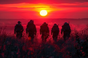 Dramatic silhouettes of soldiers on a mission against the backdrop of a setting sun