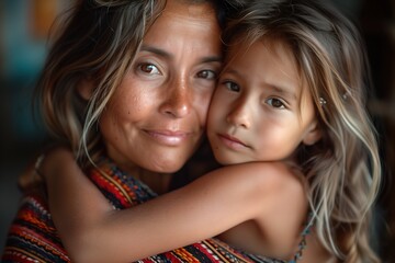 Tender moment between a mother and child with calm, loving expressions and woven textiles