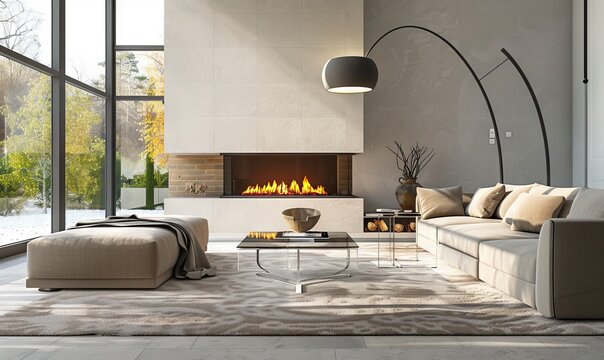 Modern interior design of family room with fireplace, cozy atmosphere