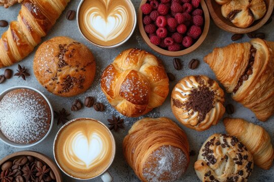 A variety of freshly baked pastries are beautifully arranged on a breakfast table.