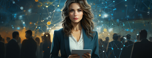 Wide illustration drawing of cute pretty business presenter woman doing a presentation looking at tab computer on her hand in a colorful lines and dots digital futuristic technological background  - obrazy, fototapety, plakaty